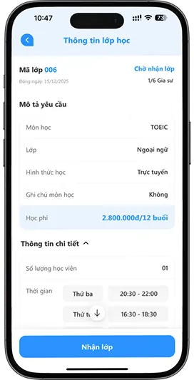 Bước 03 – Tìm lớp phù hợp và chọn “Nhận lớp"